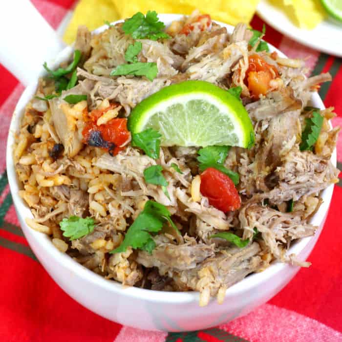 An overhead view of a bowl of pork carnitas topped with cilantro and a lime wedge.