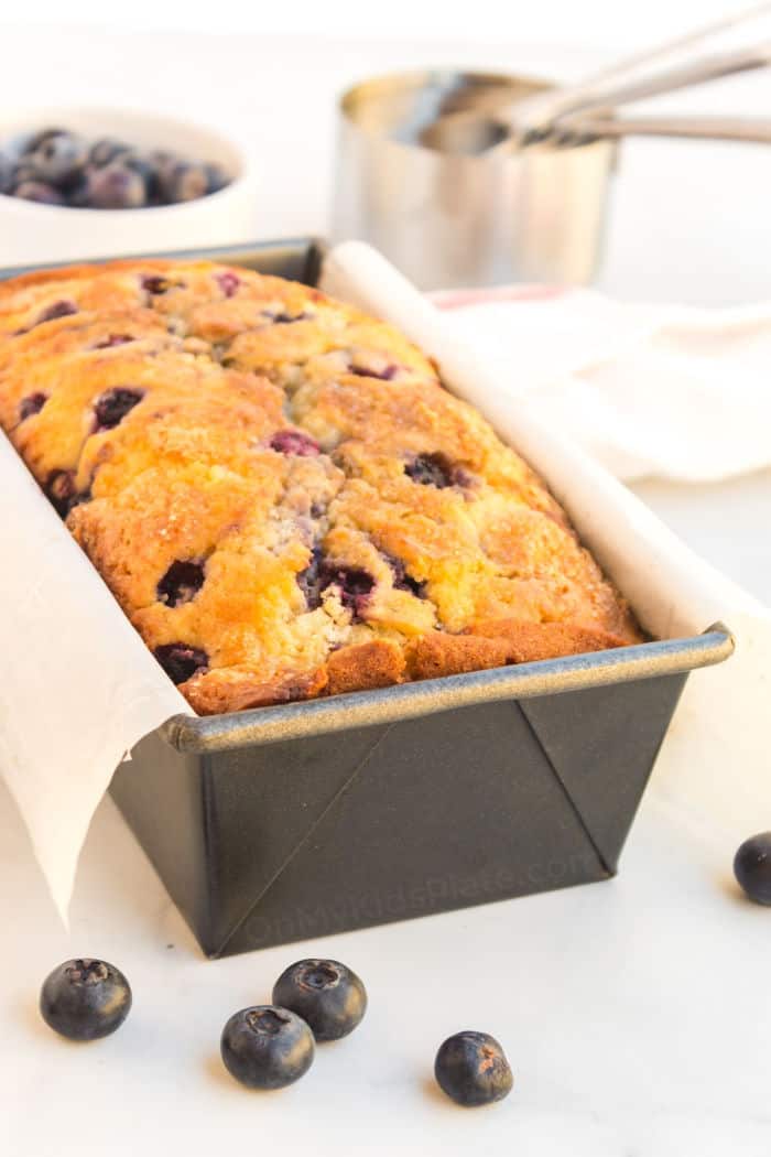 Blueberry bread in a pan after baking