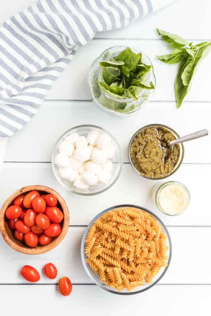 Ingredients to make pesto pasta salad sit in bowls including pesto, mozzarella, cherry tomatoes, dried pasta, parmesan cheese and fresh basil.