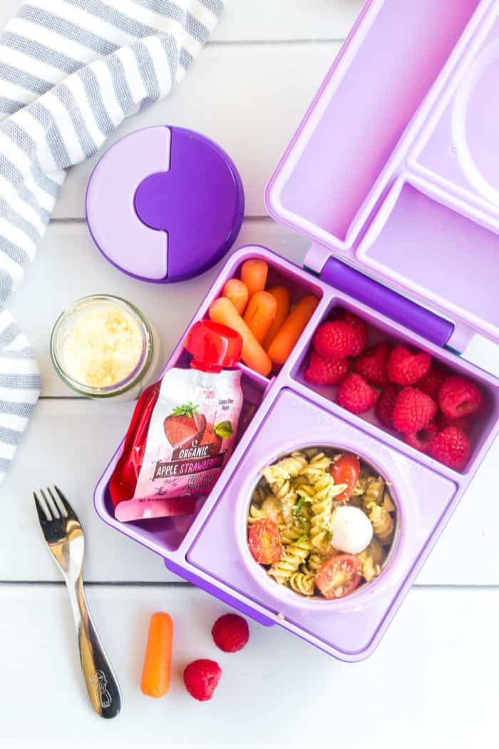 A kid\'s bento lunchbox filled with pesto pasta, carrots, raspberries and applesauce.