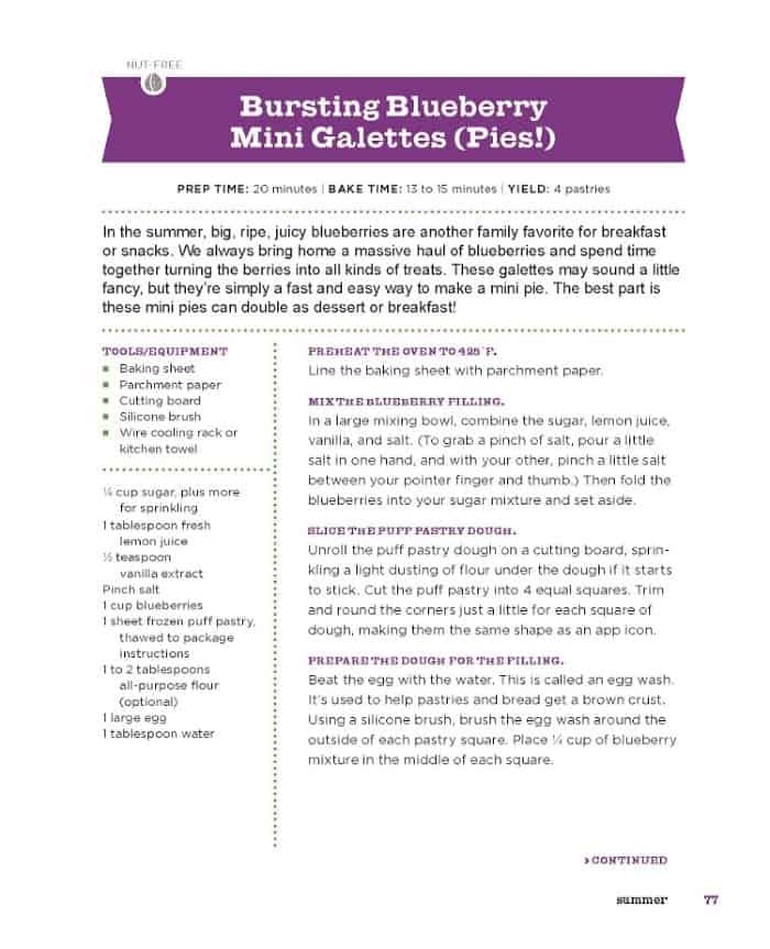 First page of the bursting blueberry Mini Galettes recipe from Kid Chef Bakes For The Holidays Cookbook