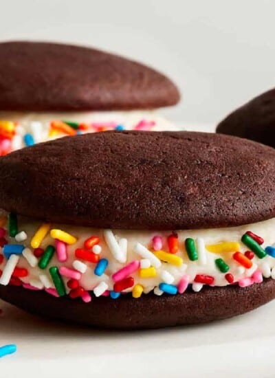 Close up view of three whoopie pies