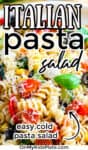 Close up of italian pasta salad with text title overlay