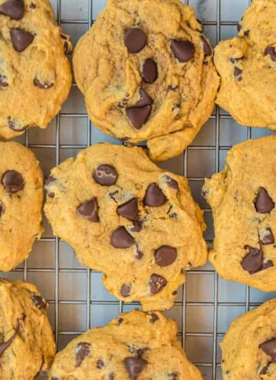 pumpkin chocolate chip cookies from overhead on a metal cooling rack