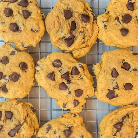 pumpkin chocolate chip cookies from overhead on a metal cooling rack