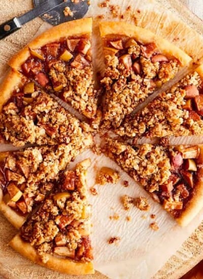 Close up of desert apple pizza