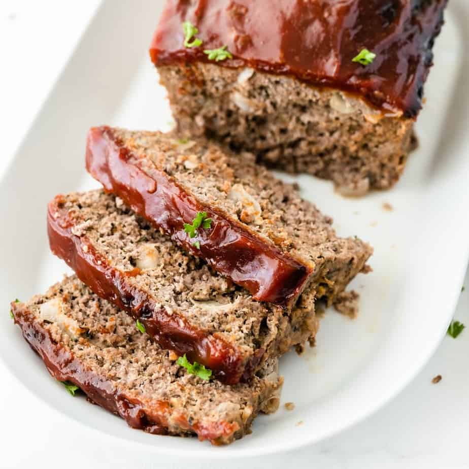 Sliced meatloaf from above on a platter