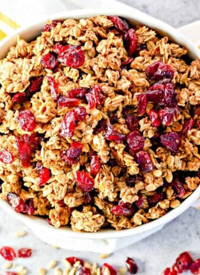 Bowl of cranberry granola from overhead