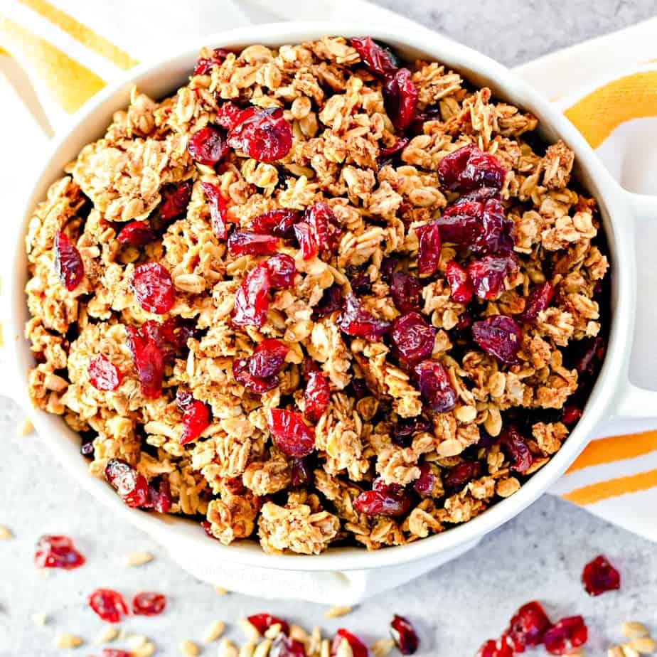 Bowl of cranberry granola from overhead