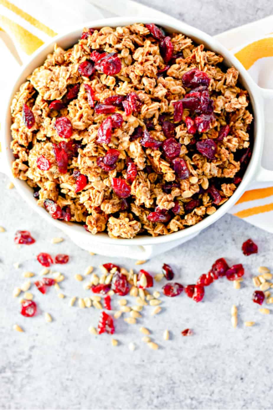 Cranberry granola in a bowl from above.