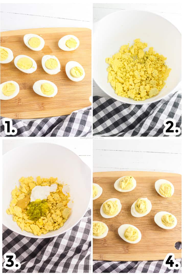 Step by step images of slicing the eggs, mixing the egg yolks, adding the ingredients and filling the egg whites to make deviled eggs.