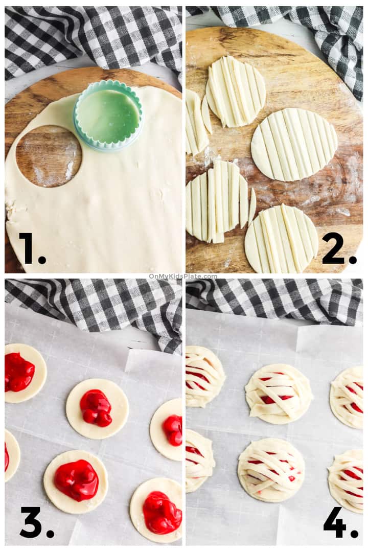 Step by step photos cutting pie crust into circles, cutting strips from the pie crust, adding cherry filling to the circles and covering the cherry filling with pie crust strips.