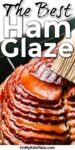 Close up of a silicone brush glazing a sliced ham with text title at the the top of the image.