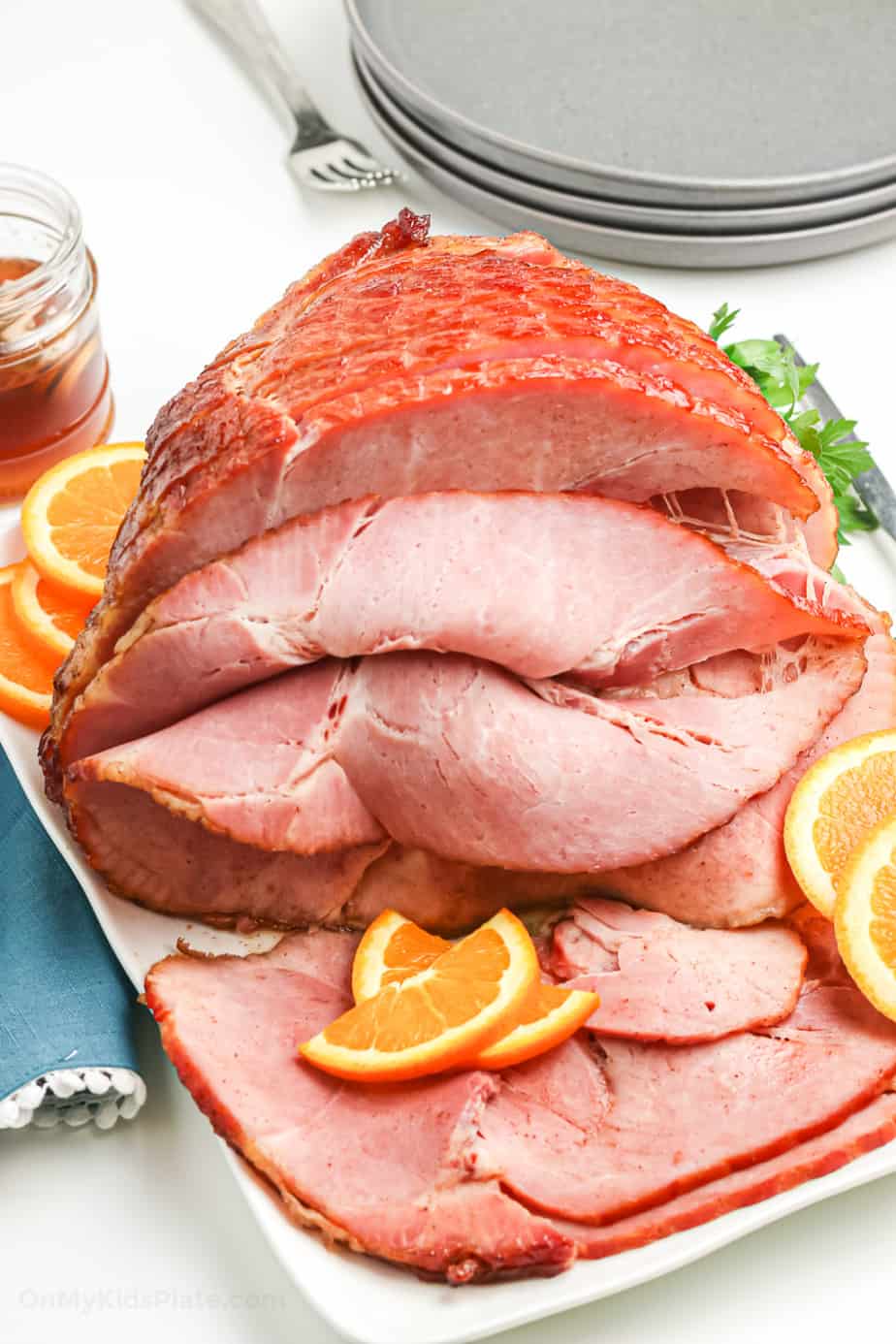 Close up view of honey baked ham sliced