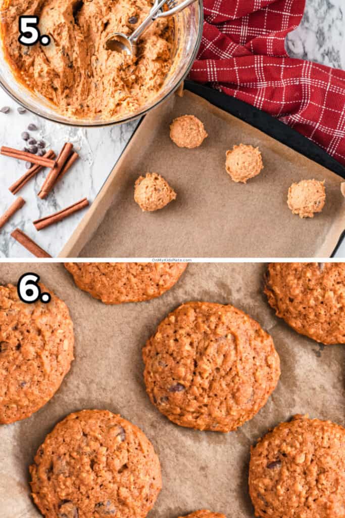 Two pictures, one portioning out pumpkin cookie dough, and the second baked pumpkin oatmeal cookies on the pan.