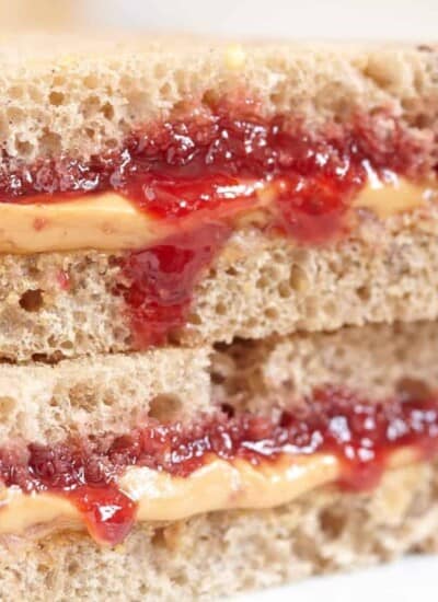 gooey peanut butter and jam cut sandwich