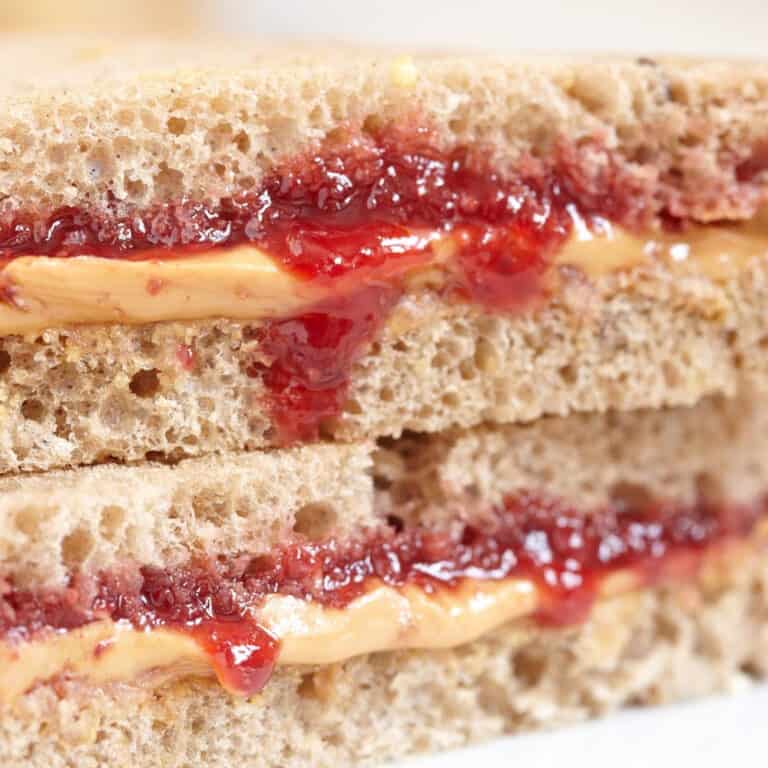 gooey peanut butter and jam cut sandwich