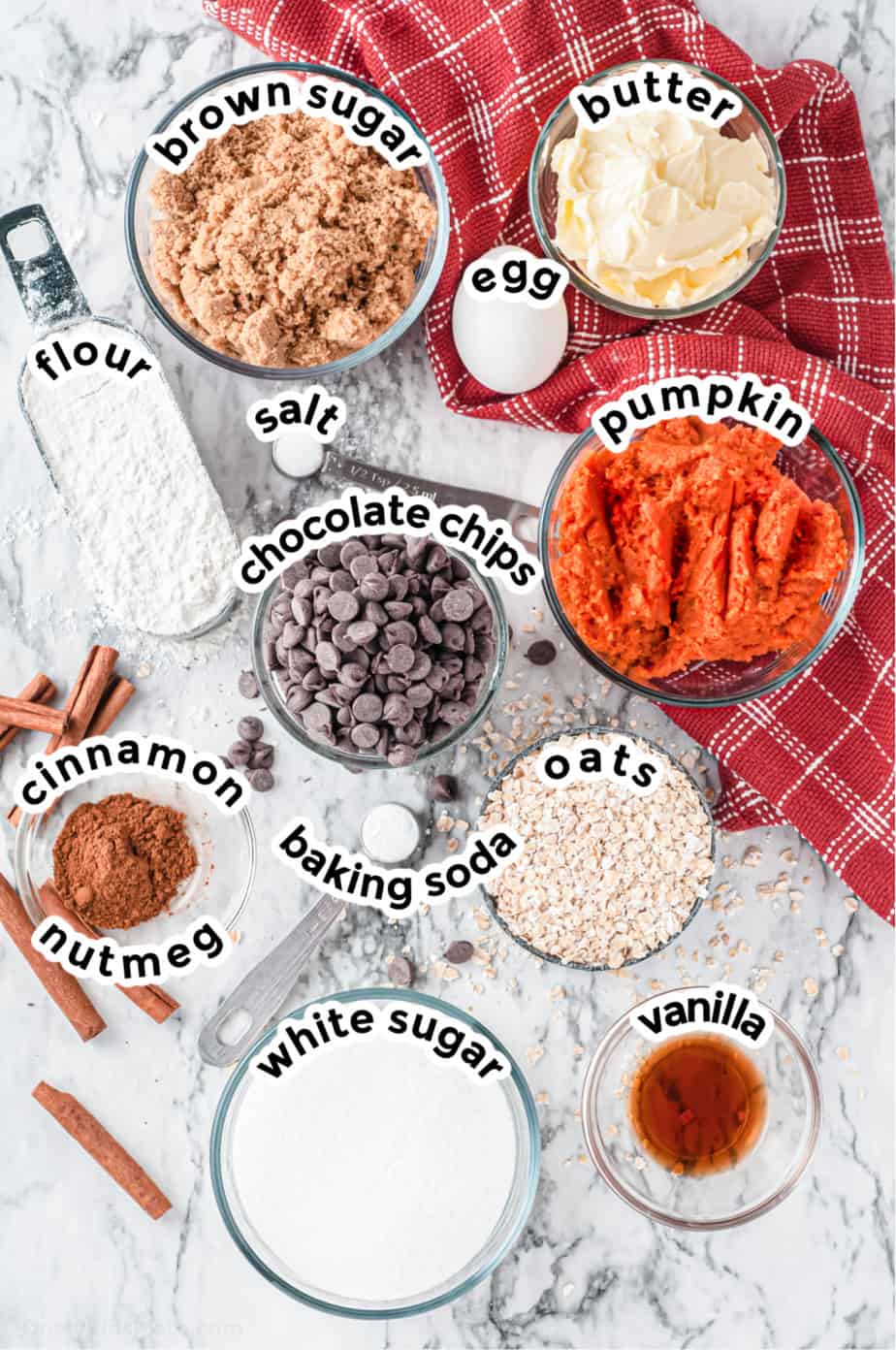 Ingredients for pumpkin oatmeal cookies with chocolate chips