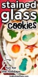 Plate of stained glass cookies with text title overlay
