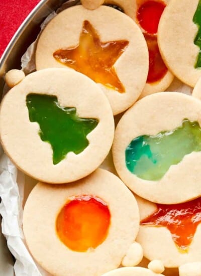 close up plate of stained glass cookies