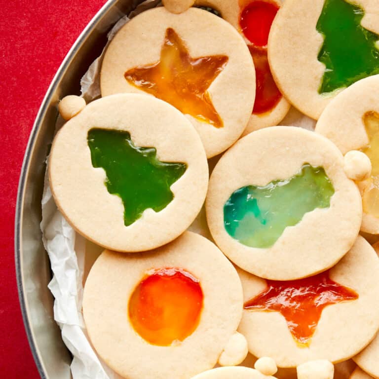 close up plate of stained glass cookies