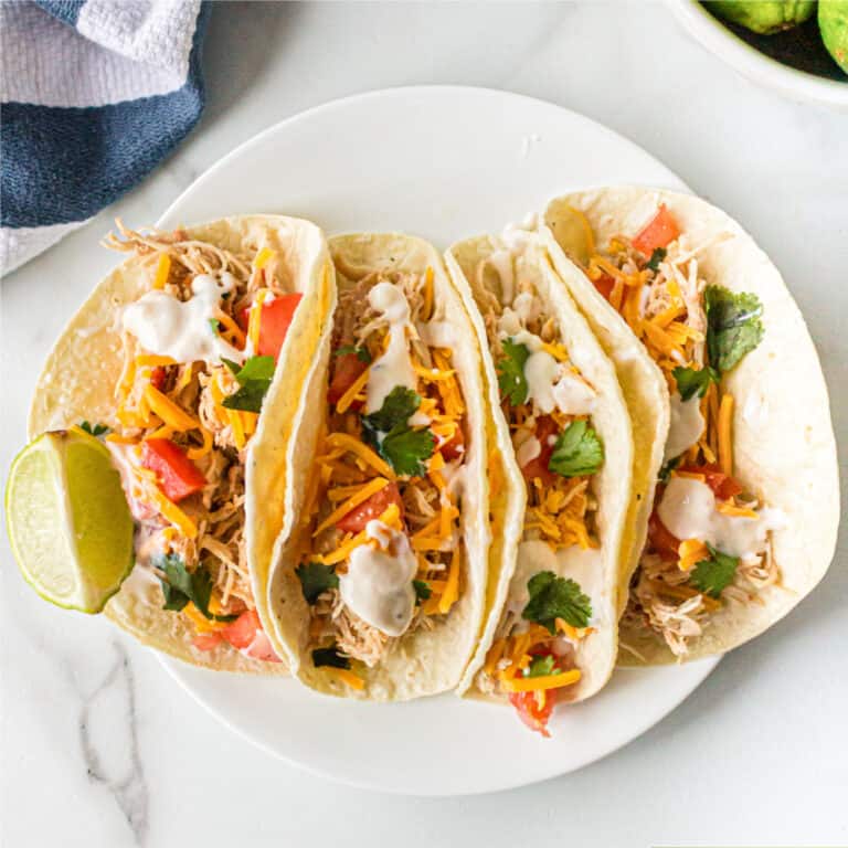 four tacos on a plate loaded with shredded chicken, cheese, sour cream and cilantro