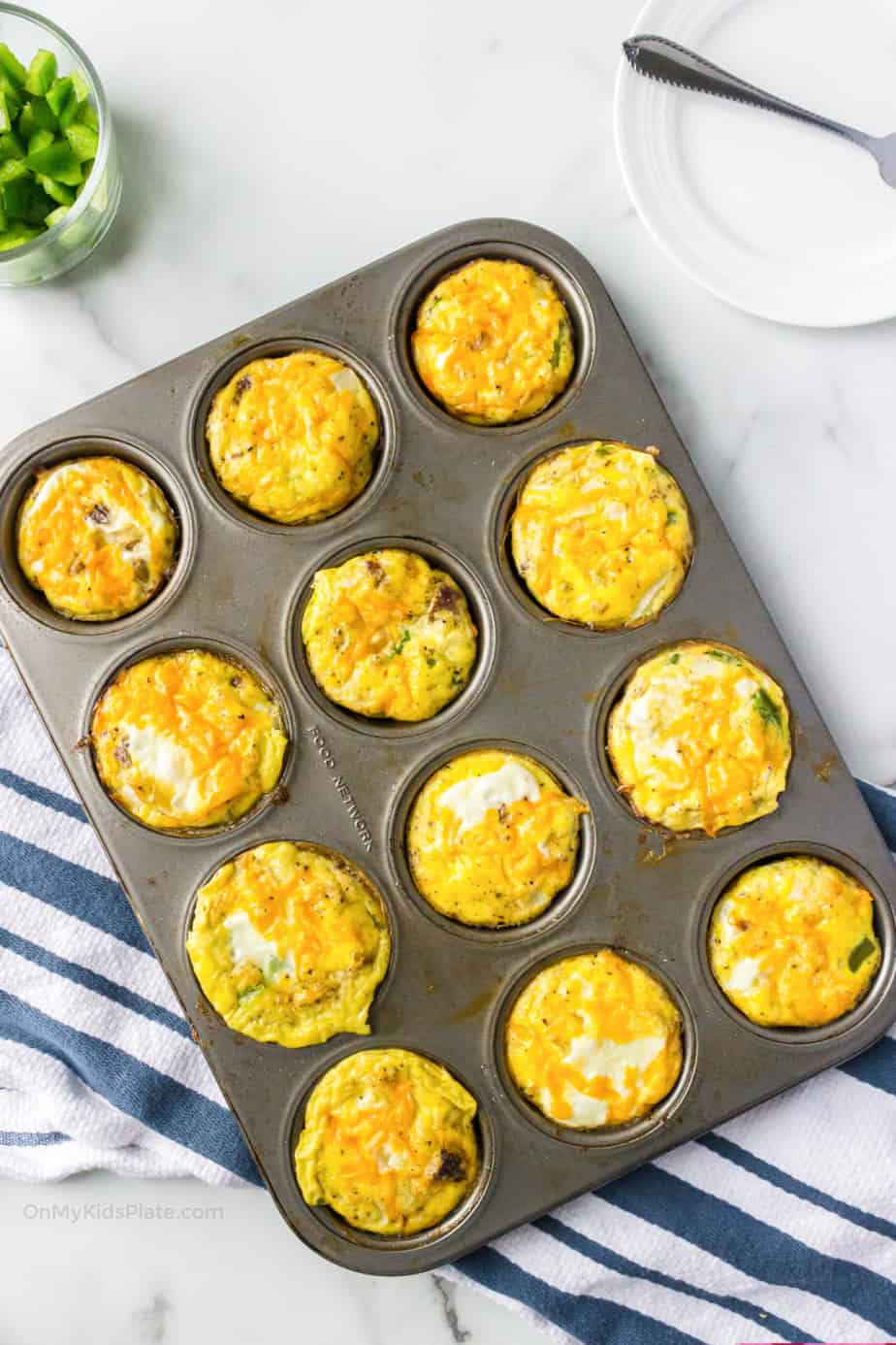 Overhead view of egg muffins baked in the muffin pan