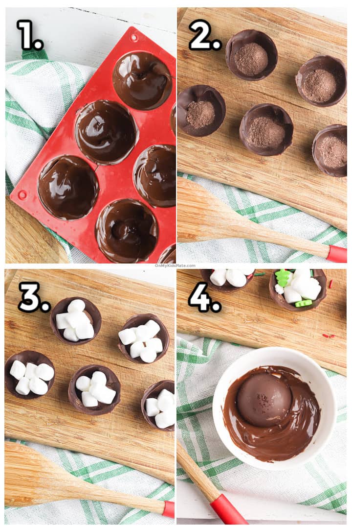 Step by step images of how to make the chocolate spheres, fill them and seal them to make hot chocolate bombs.