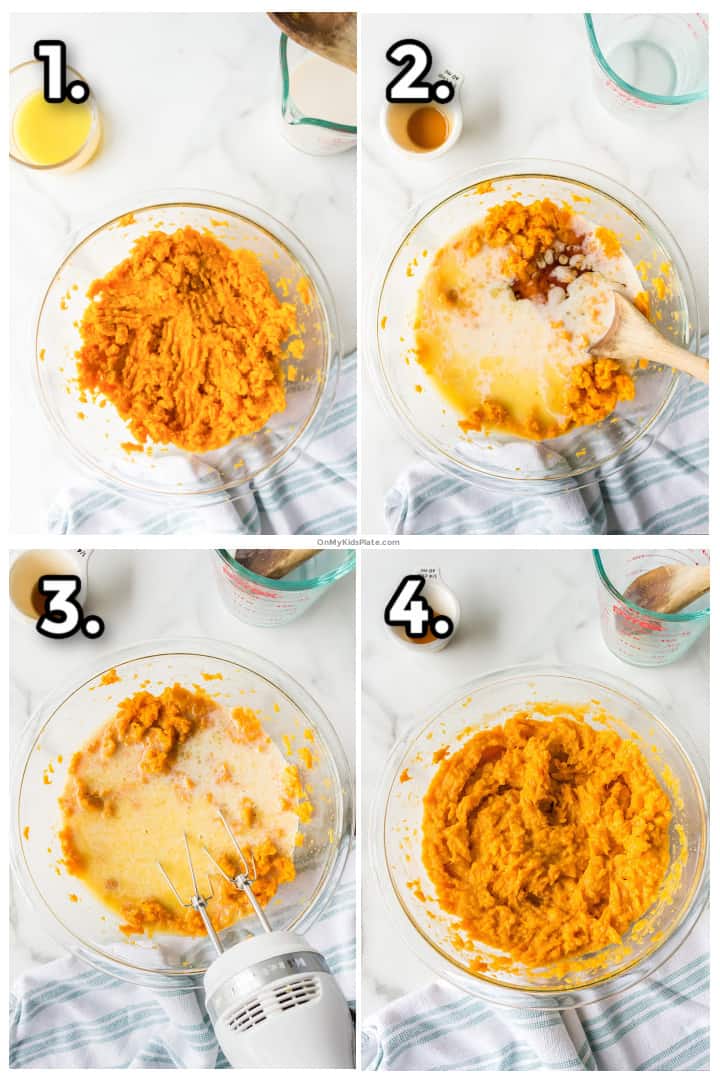 four step by step photos showing how to mix and mash sweet potatoes