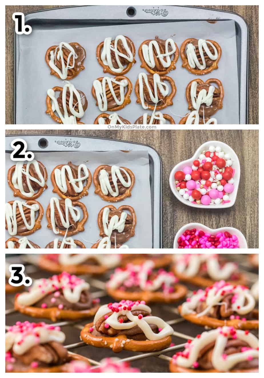 Step by step photos showing homemade pretzel turtles being drizzled with white chocolate, sprinkles and cooling.