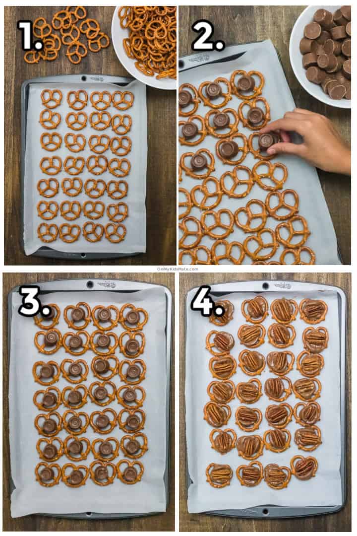 Step by step photos collaged showing chocolates being placed on pretzels, melted and pecans being added.