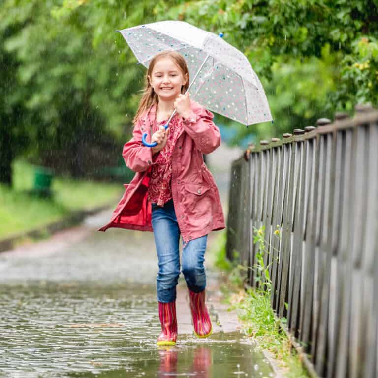 Little girl jumps laughing in spring puddles with an umbrella