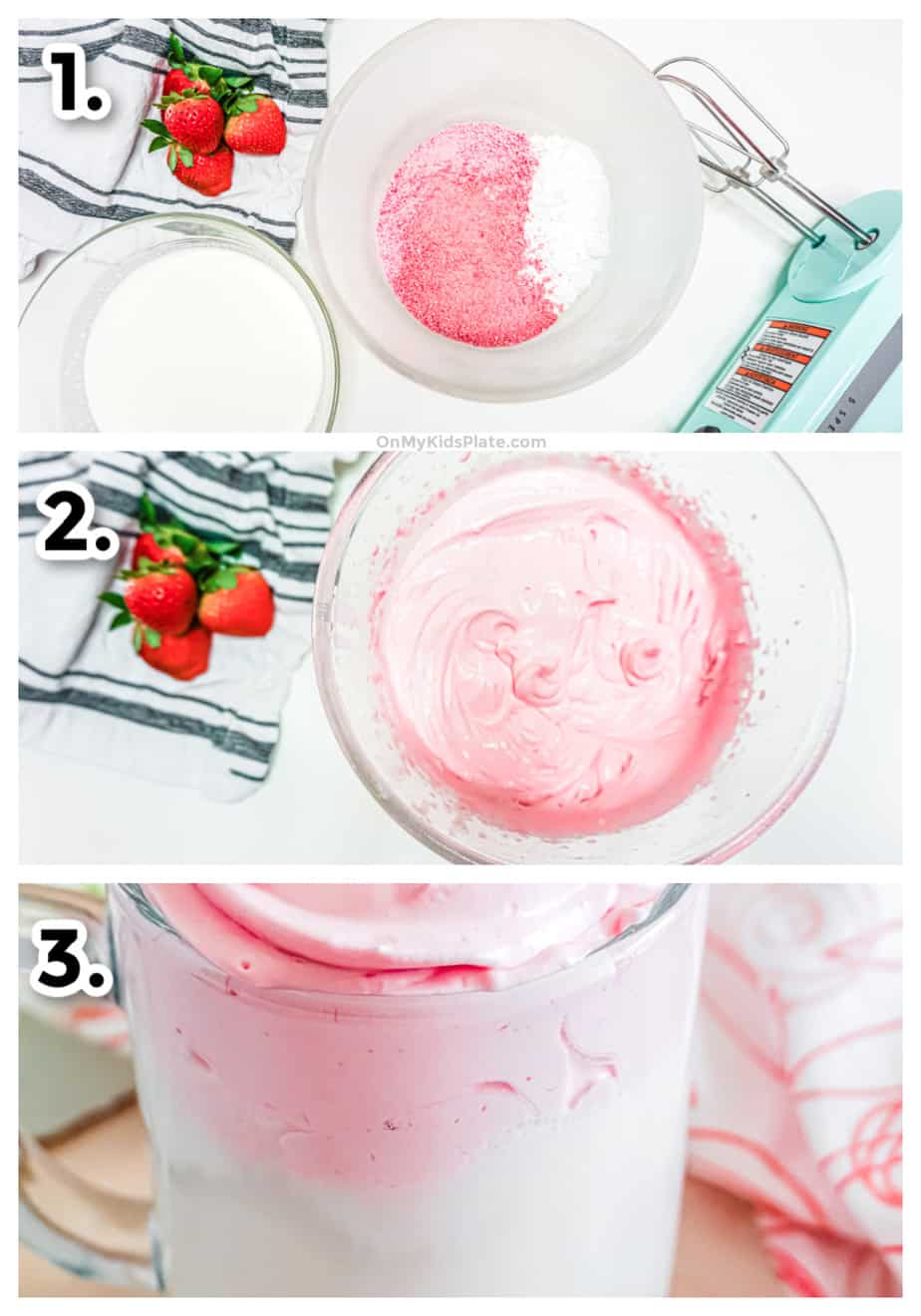 Step by step images mixing the strawberry and heavy whipping cream, whipping and toping the milk with whipped strawberry milk