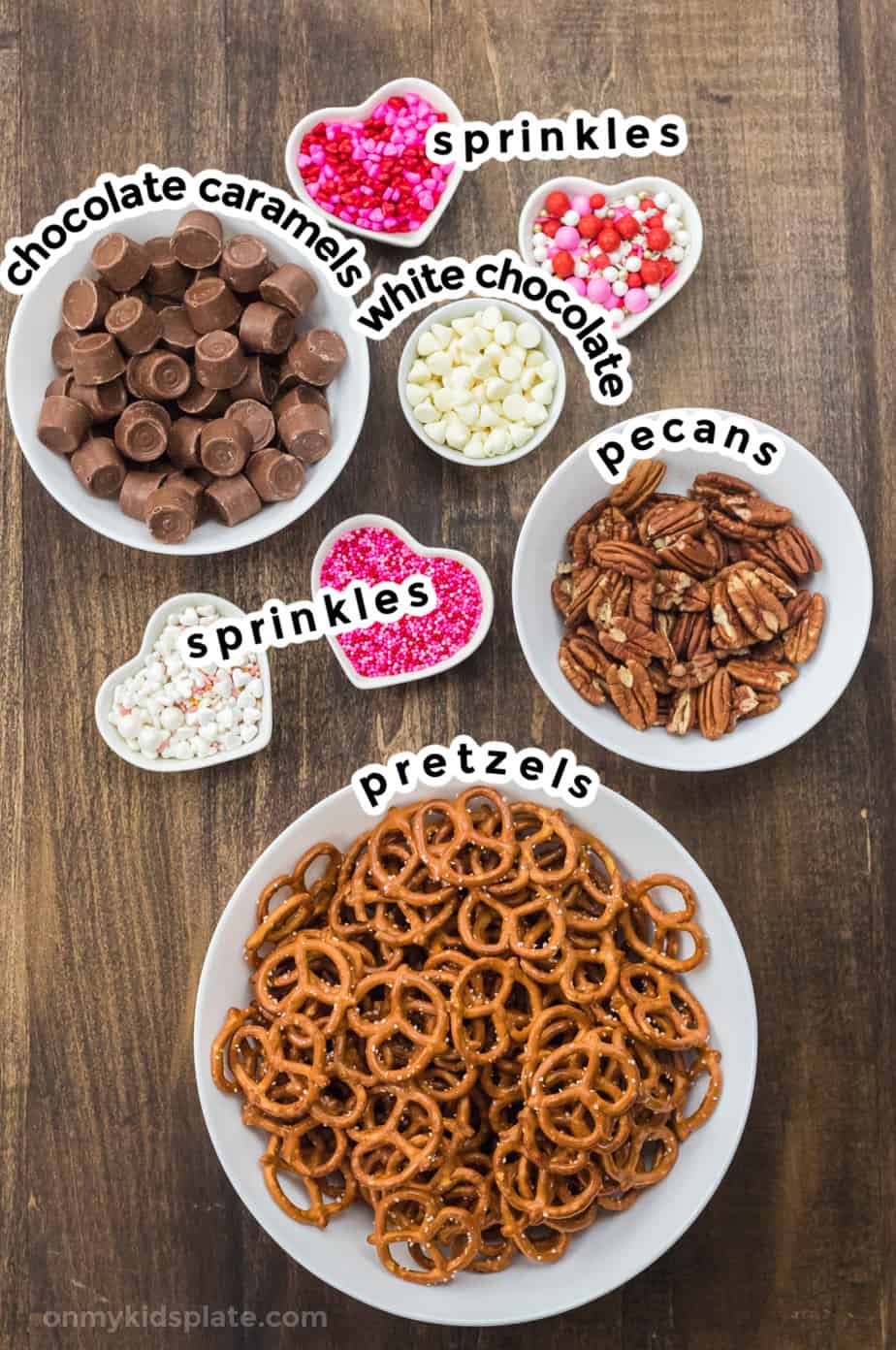 Ingredients for rolo pretzels in bowls