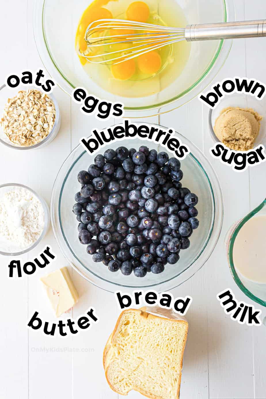 Ingredients for blueberry french toast casserole from overhead