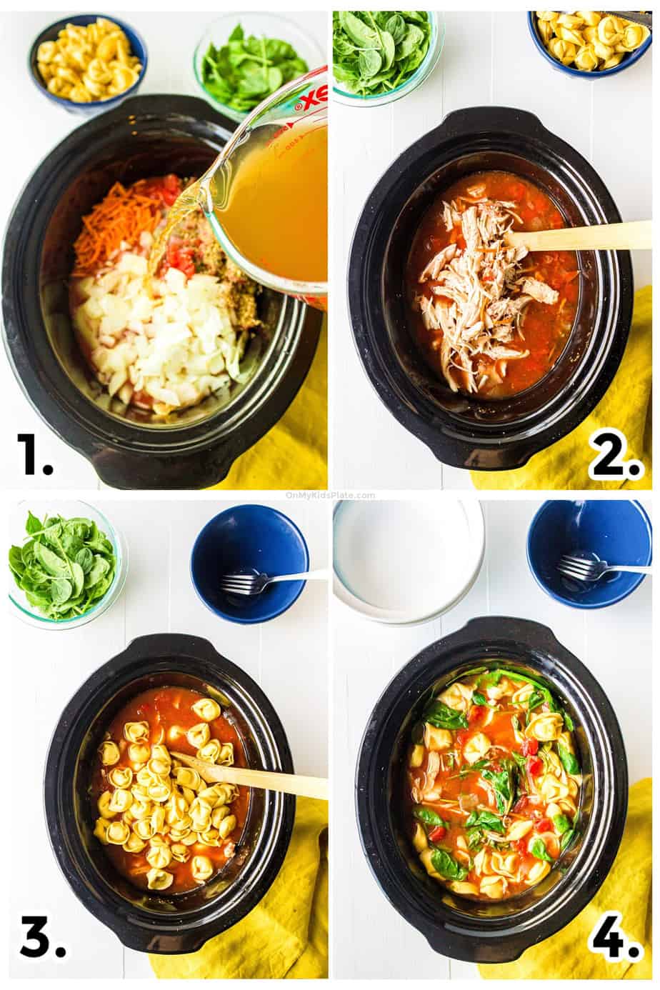 Step by step images adding broth, shredding chicken and adding tortellini and spinach to the crock pot at the right times