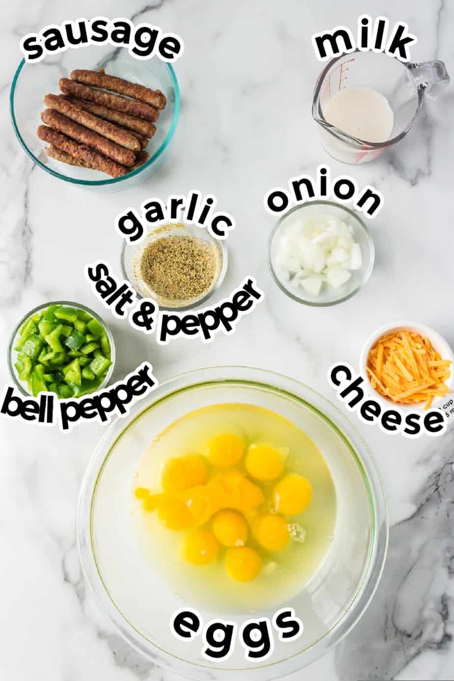 Ingredients for egg muffins from overhead with titles
