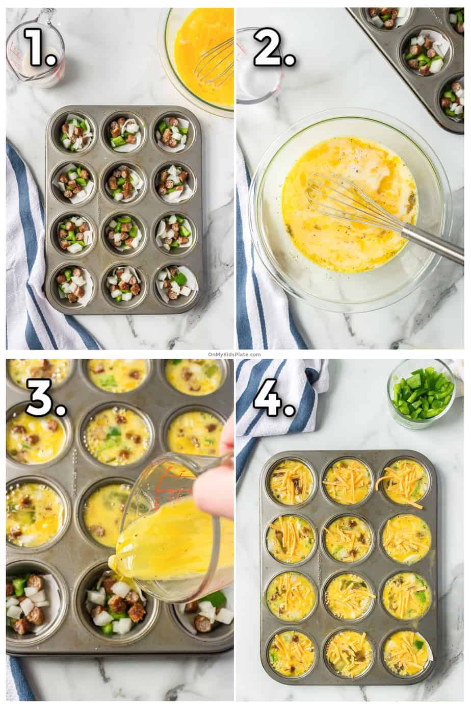 Steps showing you how to fill the muffins with sausage, cheese and egg mixture to bake.
