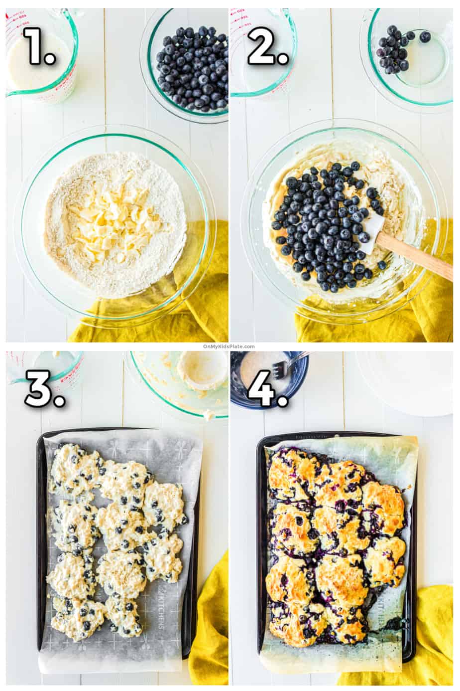Step by step images mixing the biscuits, adding blueberries, putting on the pan and baking.
