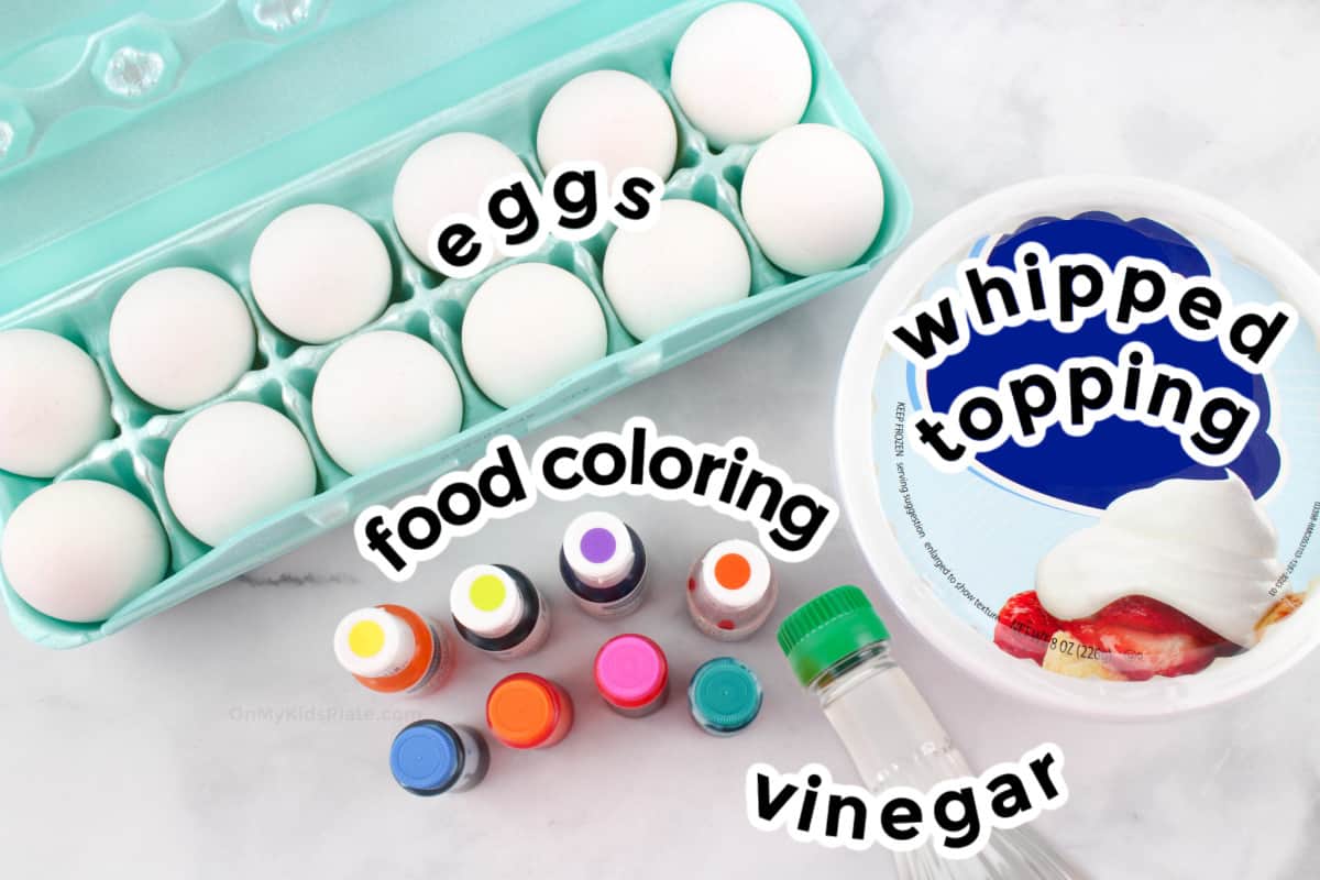 Ingredients to dye hard boiled eggs with cool whip and food coloring to make Easter Eggs.