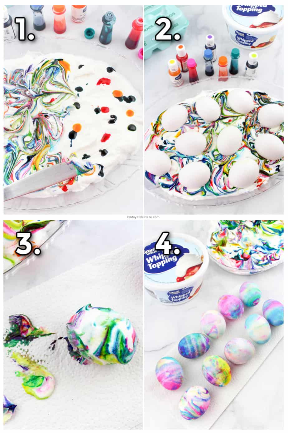 Step by step process photos showing adding food coloring to cool whip, rolling hard boiled eggs in the cream, then whipping the eggs to make colorful dyed Easter Eggs.