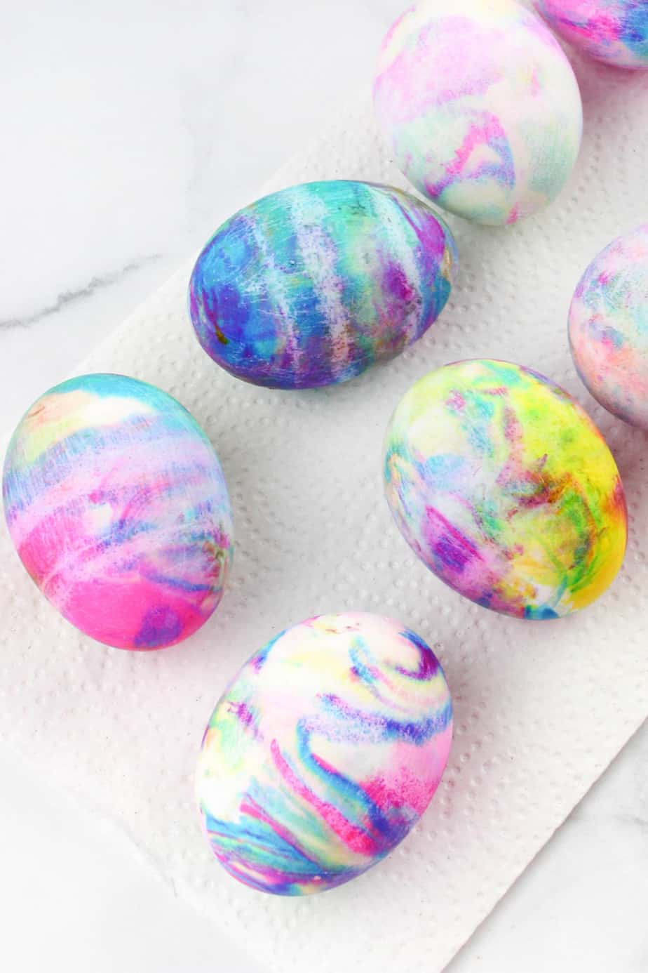 Close up of Easter Eggs swirled with tie dye colors