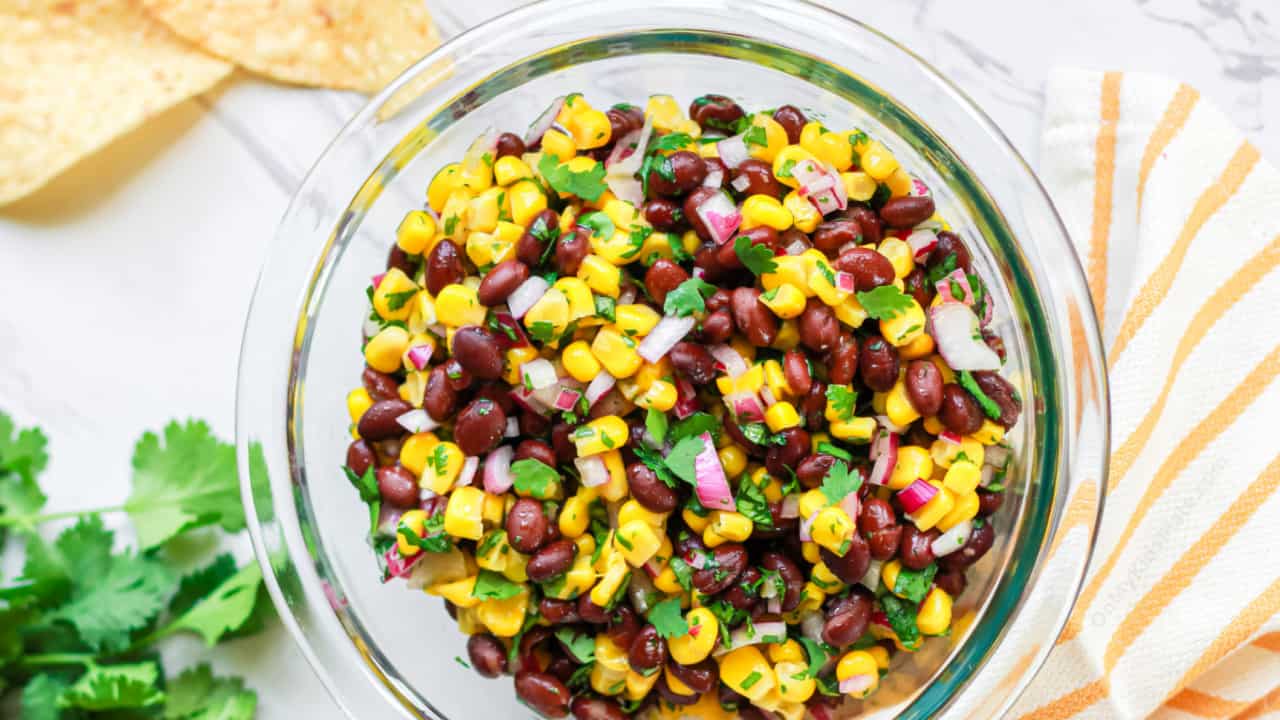 black bean and corn salsa from overhead in a bowl