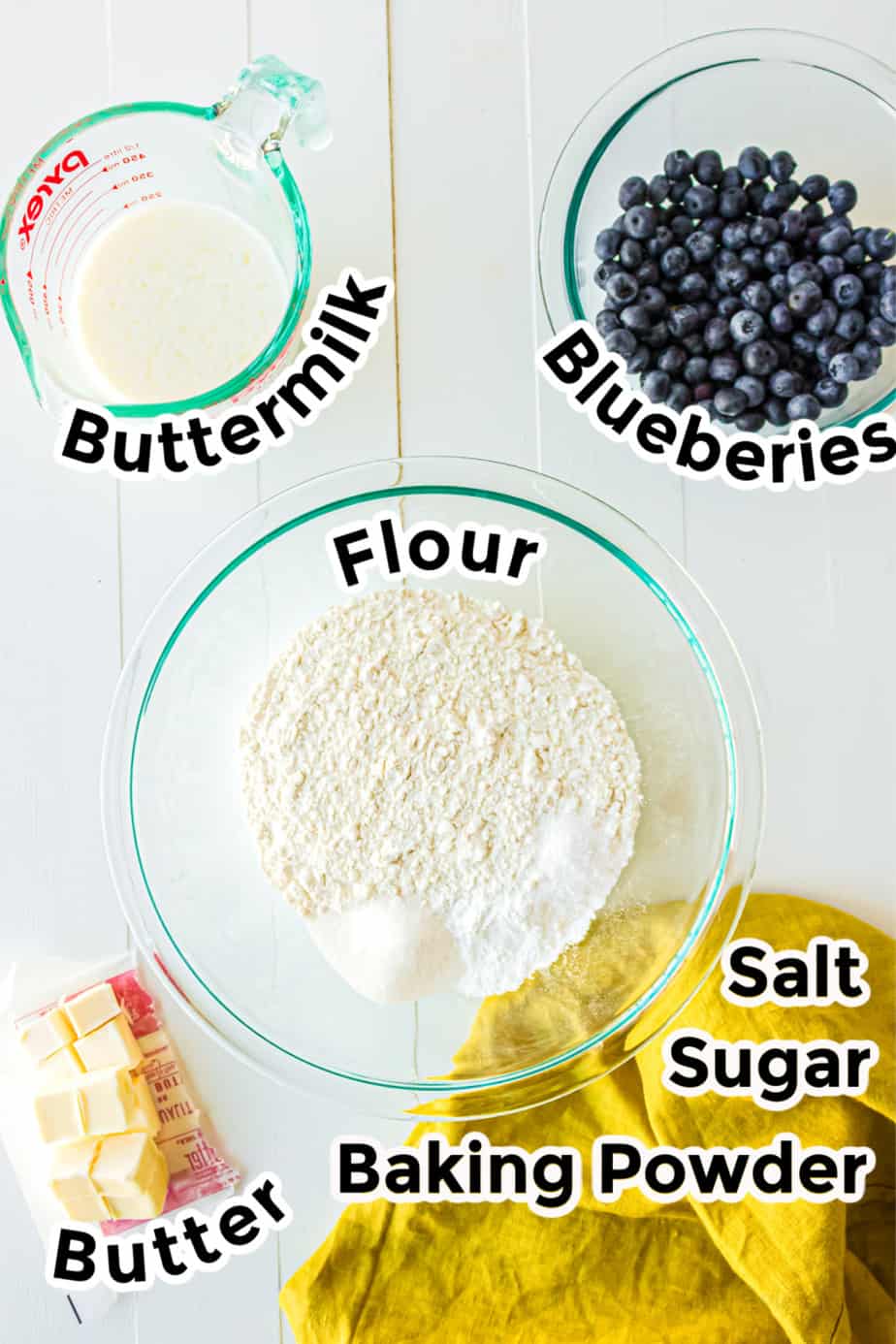 Ingredients for blueberry buttermilk biscuits.