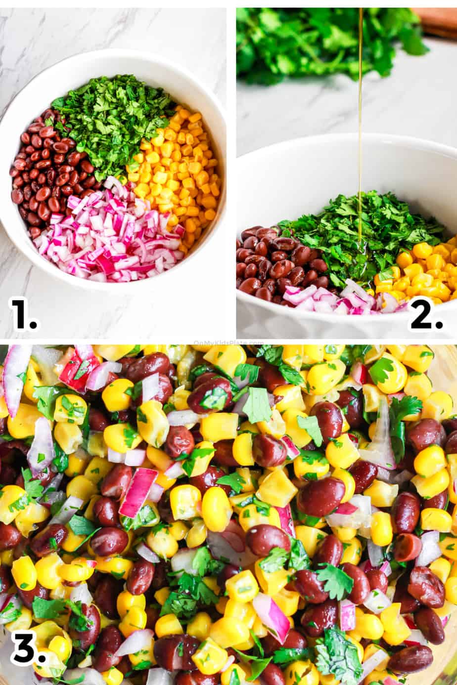 adding ingredients and dressing to make black bean and corn salsa, and a close up on the salsa