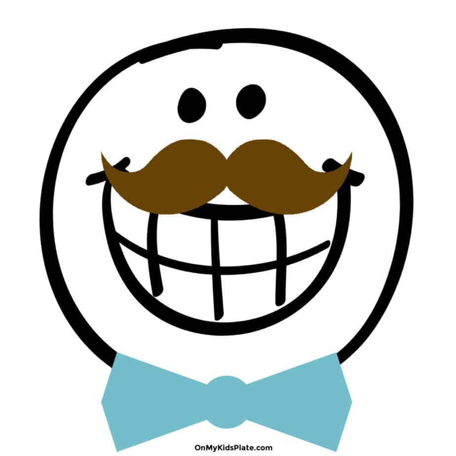 Large smiley face graphic with a mustache and bow tie