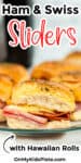 A ham and cheese slider on a plate with more behind it and title text across the top of the image.