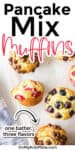 Blueberry, strawberry and chocolate chip banana pancake mix muffins on a serving platter with text title overlay