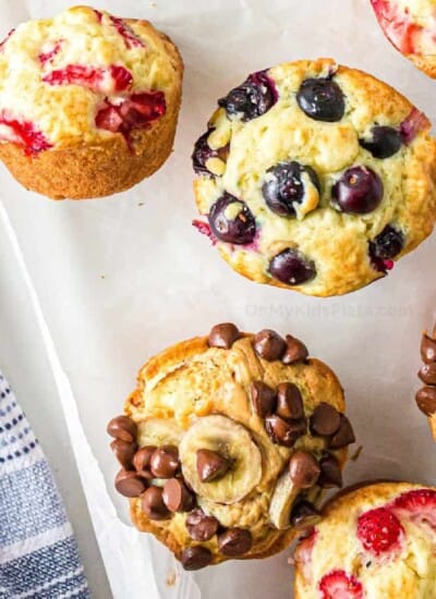 Up close strawberry, blueberry and chocolate chip banana pancake mix muffins
