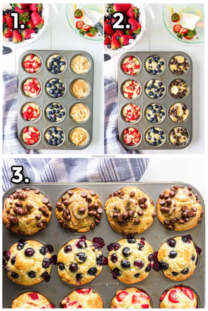 Step by step images adding strawberries, blueberries, peanut butter, banana and chocolate chips to pancake muffins then baking.